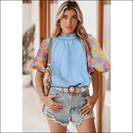 Myosotis Floral Puff Sleeve Blouse you Need - s - Blouses on Sale Worldwide Shipping