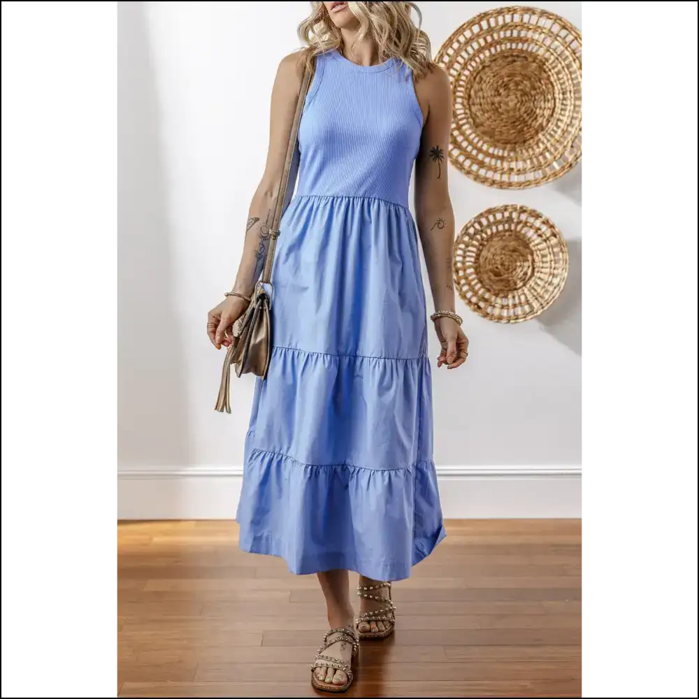 Myosotis Ribbed Vest Patchwork Tiered Midi Dress: Goddess 👑 (needful Things) - s - Dresses on Sale Worldwide Shipping
