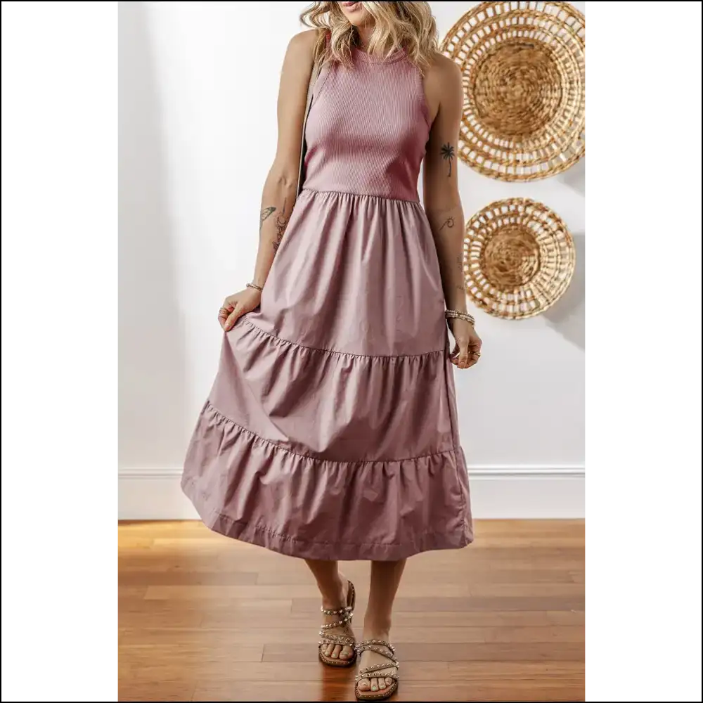 Myosotis Ribbed Vest Patchwork Tiered Midi Dress: Goddess 👑 (needful Things) - Sepia Rose / s - Dresses on Sale Worldwide Shipping