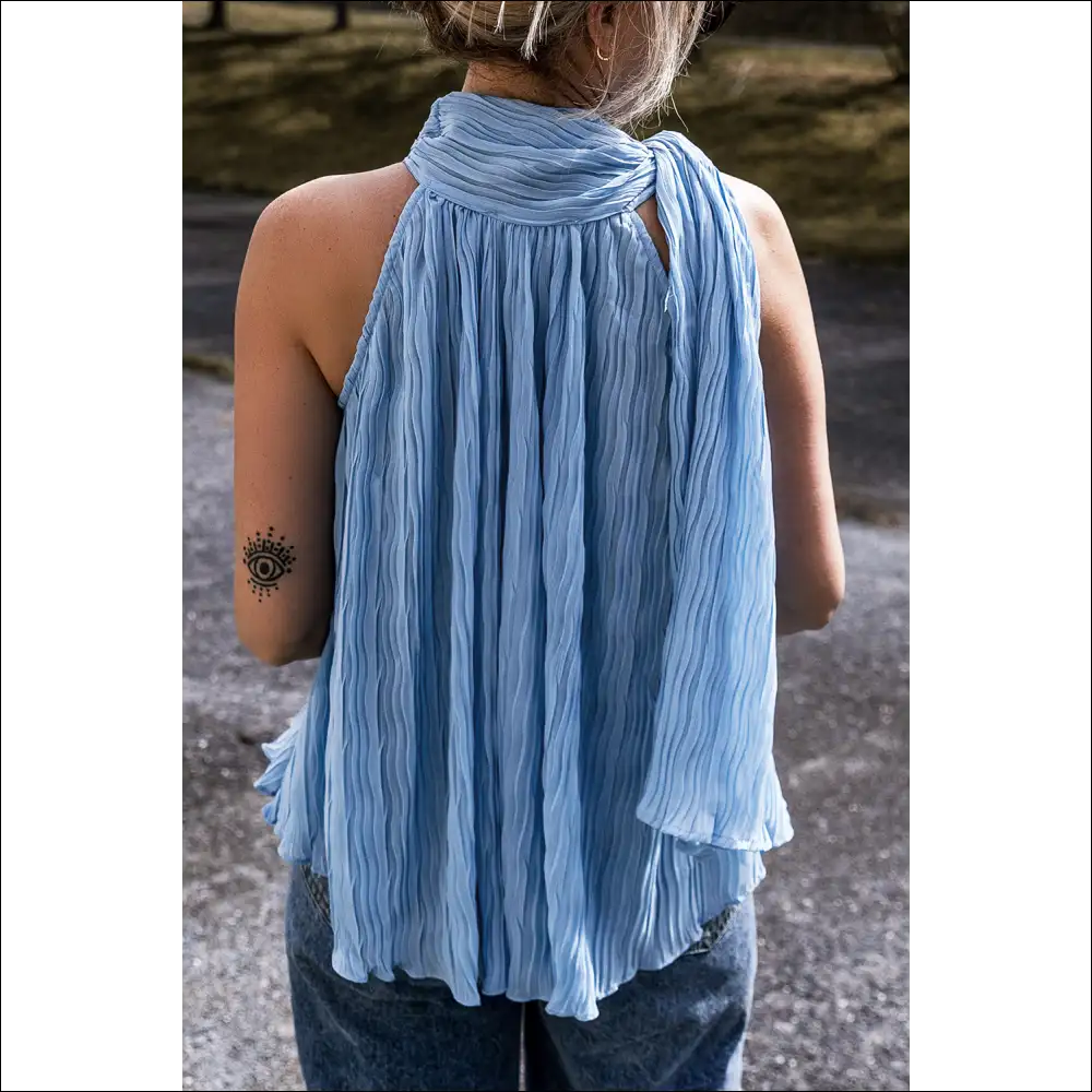 Myosotis Textured Pleated Tie Mock Neck Sleeveless Top - Shirts Tank Tops on Sale Worldwide Shipping