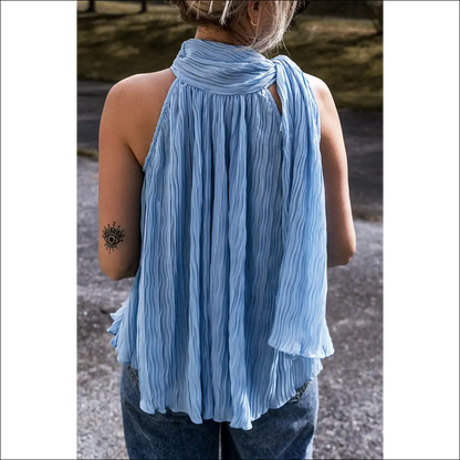 Myosotis Textured Pleated Tie Mock Neck Sleeveless Top - Shirts Tank Tops on Sale Worldwide Shipping