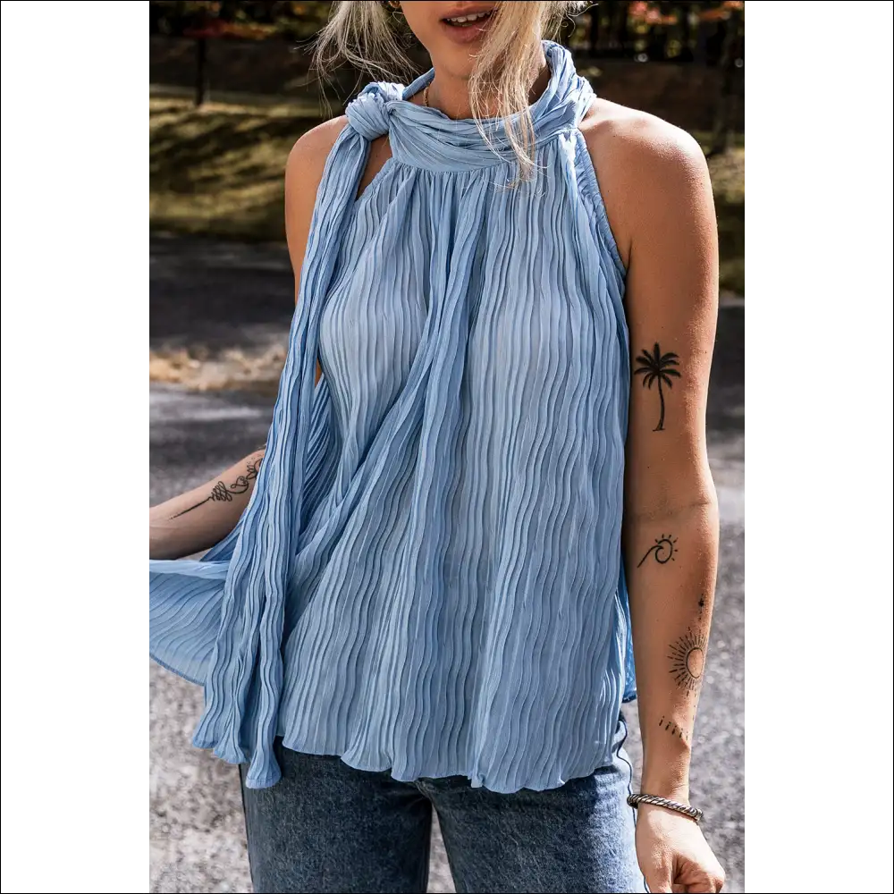Myosotis Textured Pleated Tie Mock Neck Sleeveless Top - Shirts Tank Tops on Sale Worldwide Shipping