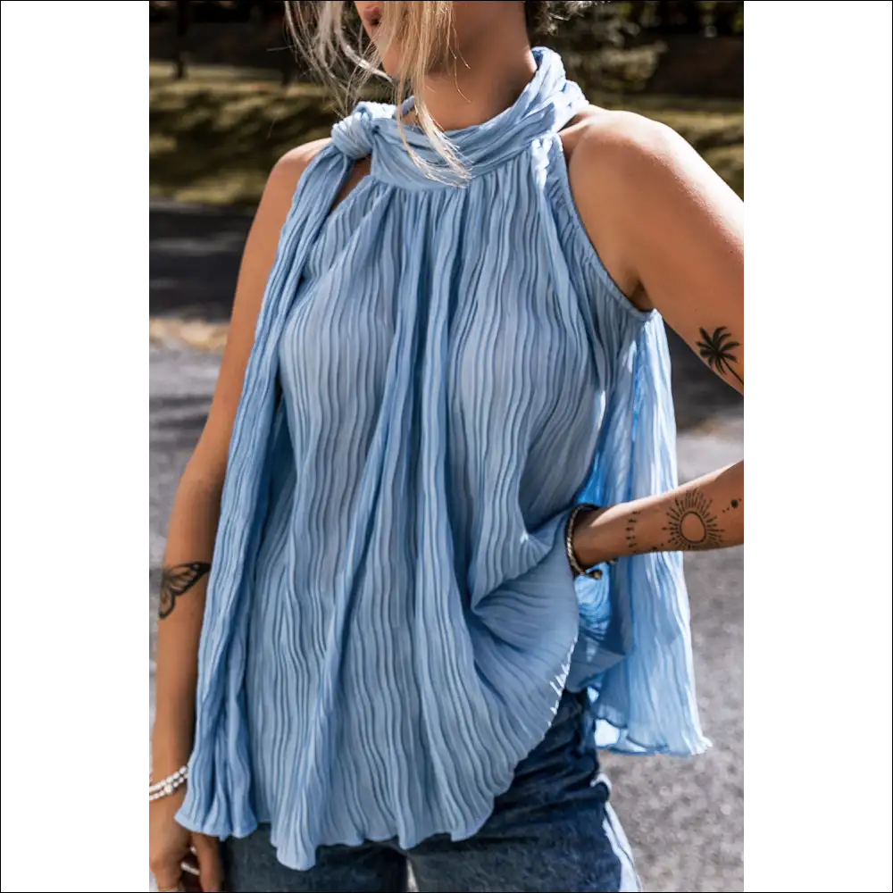 Myosotis Textured Pleated Tie Mock Neck Sleeveless Top - Shirts Tank Tops on Sale Worldwide Shipping