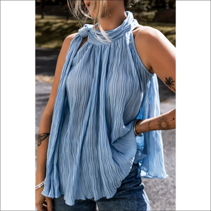 Myosotis Textured Pleated Tie Mock Neck Sleeveless Top - Shirts Tank Tops on Sale Worldwide Shipping