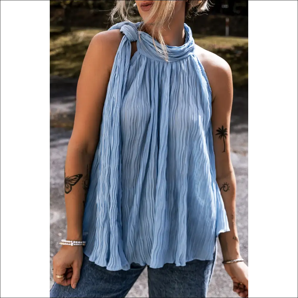 Myosotis Textured Pleated Tie Mock Neck Sleeveless Top - Shirts Tank Tops on Sale Worldwide Shipping