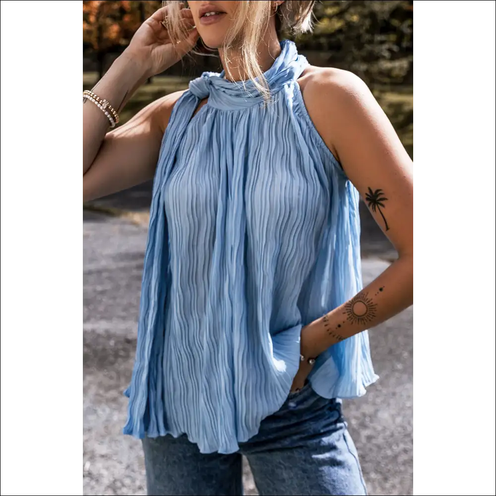 Myosotis Textured Pleated Tie Mock Neck Sleeveless Top - s - Shirts Tank Tops on Sale Worldwide Shipping