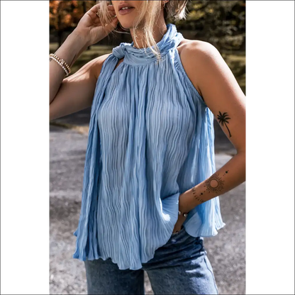 Myosotis Textured Pleated Tie Mock Neck Sleeveless Top - s - Shirts Tank Tops on Sale Worldwide Shipping