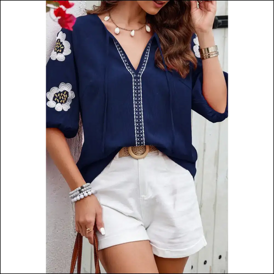 Navy Blue Embroidered Flower Power: Bloom Baby Bloom! 🌸 Needful Things - s - Blouses on Sale Worldwide Shipping
