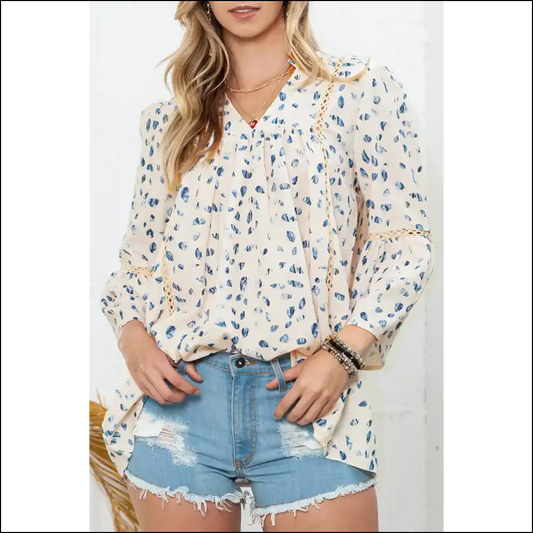 Needful Things: Animal Spot Print Boho Notch Neck 3/4 Sleeve Blouse On! (animal Duh!) 🐆 - Leopard / s - Blouses on Sale Worldwide Shipping