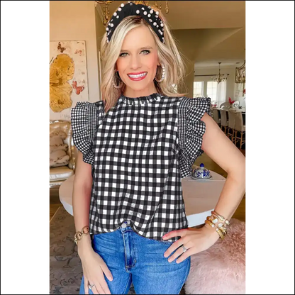 Needful Things: Black Checkered Ruffled Blouse – Bow Down Bitches 👑 - Blouses on Sale Worldwide Shipping