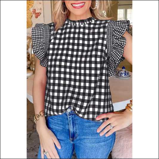 Needful Things: Black Checkered Ruffled Blouse – Bow Down Bitches 👑 - s - Blouses on Sale Worldwide Shipping
