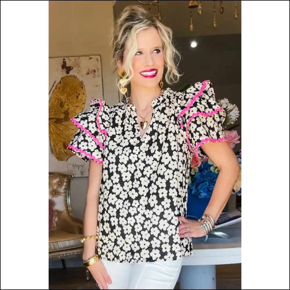 Needful Things: Black Contrast Floral Blouse - Unleash your Inner Goddess 😈 - Blouses on Sale Worldwide Shipping