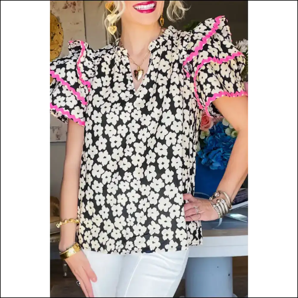 Needful Things: Black Contrast Floral Blouse - Unleash your Inner Goddess 😈 - s - Blouses on Sale Worldwide Shipping