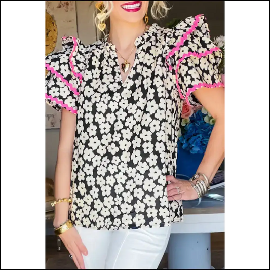 Needful Things: Black Contrast Floral Blouse - Unleash your Inner Goddess 😈 - s - Blouses on Sale Worldwide Shipping