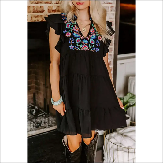 Needful Things: Black Floral Embroidered Dress – Prepare for Compliments! 😈🌸 - s - Short Dresses on Sale Worldwide Shipping