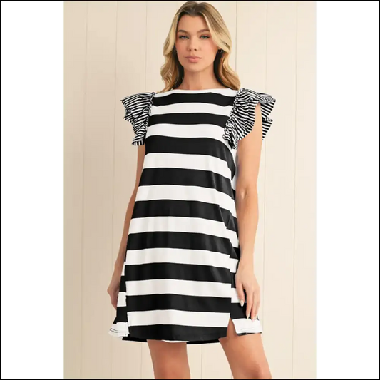 Needful Things: Black Stripe Ruffled Sleeve Dress - your New Bff 😂 - s - Short Dresses on Sale Worldwide Shipping