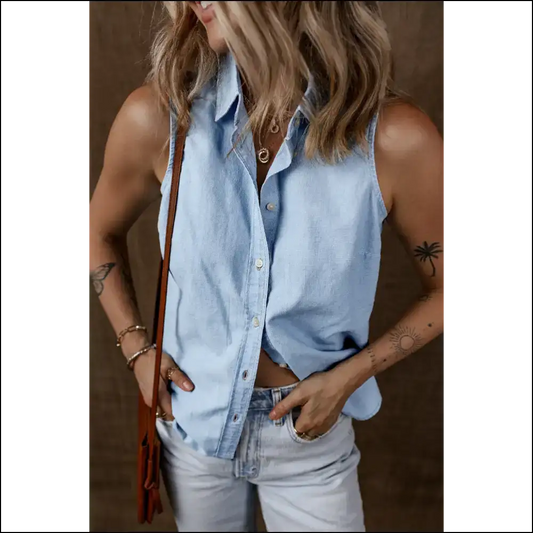 Needful Things: Blue Denim Collared Sleeveless! Prepare for Armageddon! 😈 - Light / s - Shirts Tank Tops on Sale Worldwide Shipping