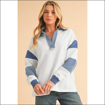 Needful Things: Blue Striped Patchwork Sweatshirt - Wardrobe Savior 🦸‍♀️ - Light French Beige / s - Sweatshirts & Hoodies on Sale Worldwide
