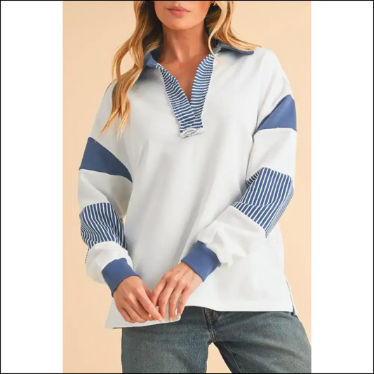 Needful Things: Blue Striped Patchwork Sweatshirt - Wardrobe Savior 🦸‍♀️ - Dark / s - Sweatshirts & Hoodies on Sale Worldwide Shipping