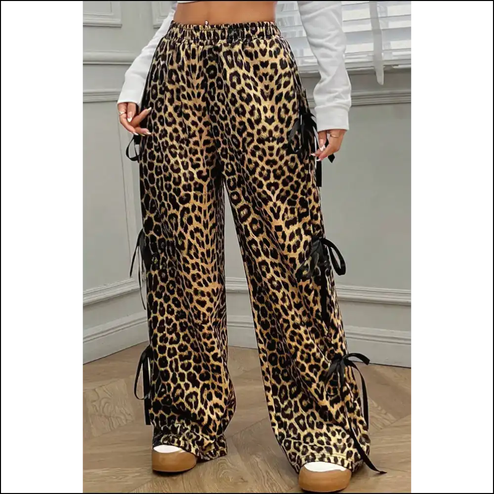 Needful Things: Brown Leopard Print Bow Pants - so Purrfectly Extra! 🐆 Down! - on Sale Worldwide Shipping