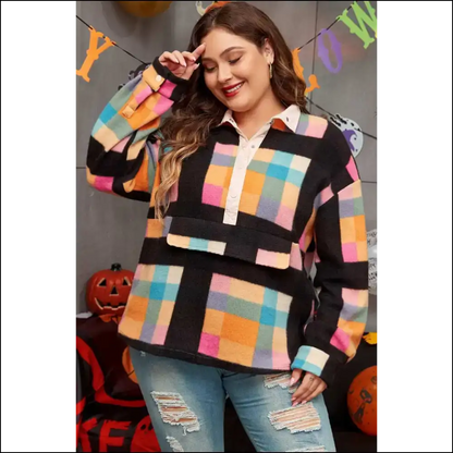 Needful Things: Checkered Sherpa Henley Cozy! Plus Size Black - Tops on Sale Worldwide Shipping