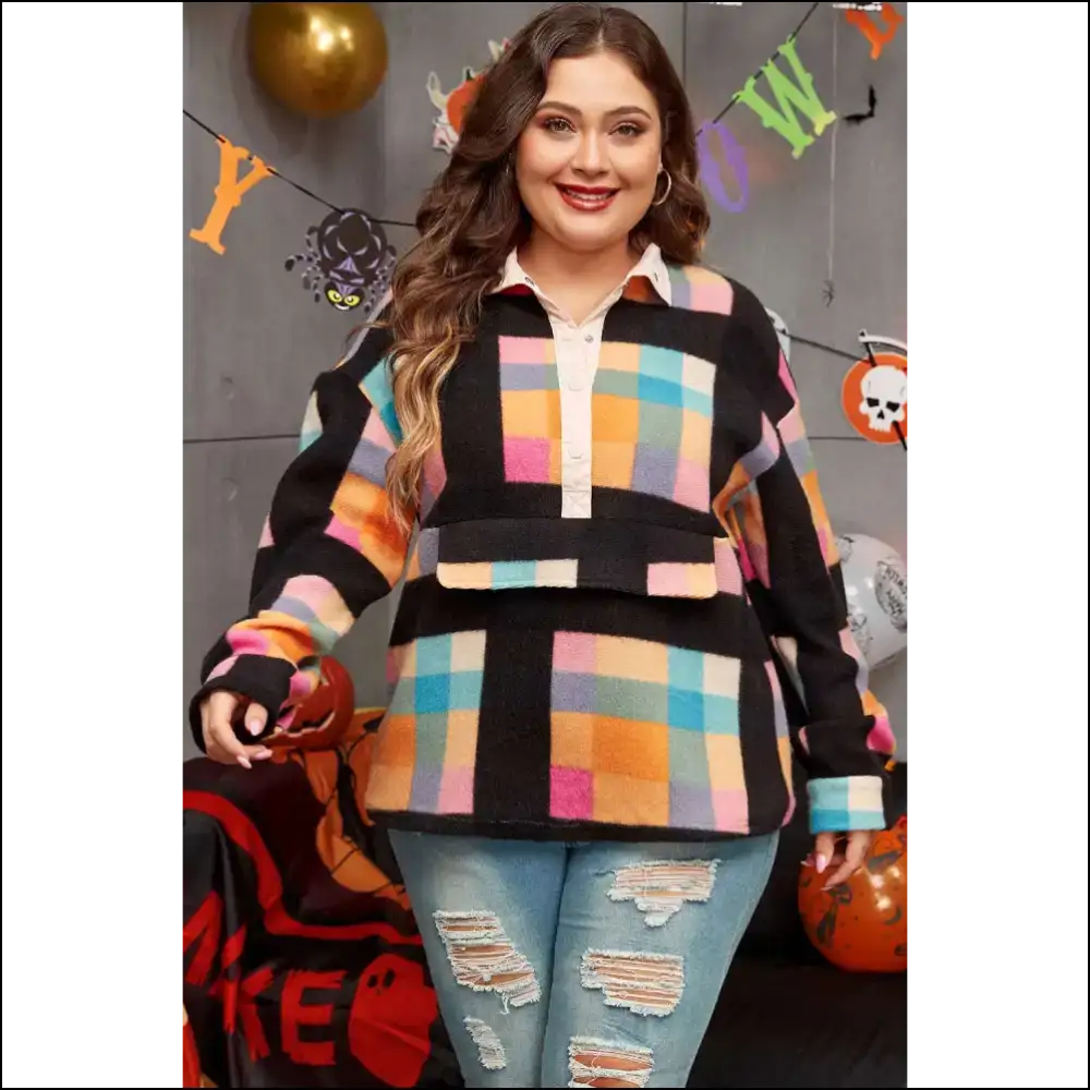 Needful Things: Checkered Sherpa Henley Cozy! Plus Size Black - Tops on Sale Worldwide Shipping