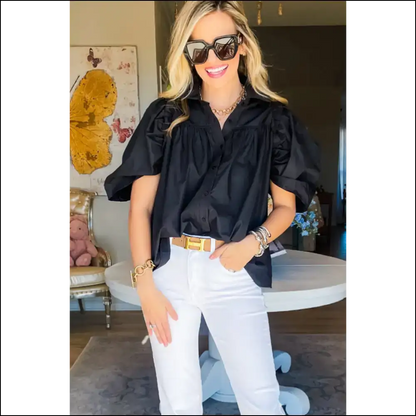 Needful Things Chic Black Ruched Puff Sleeve Wardrobe Wingman - Blouses on Sale Worldwide Shipping