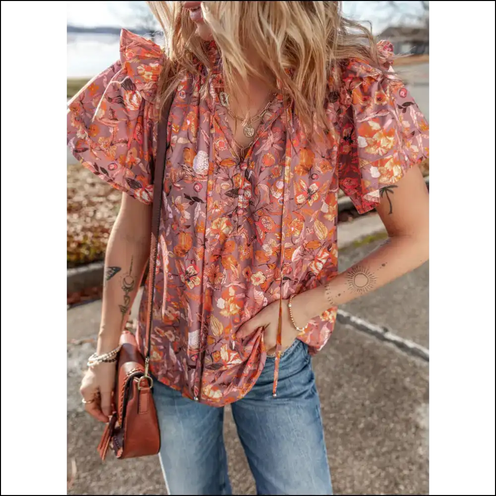Needful Things: Chic Orange Floral Blouse - Bloom or Doom! 🌼 - s - Blouses on Sale Worldwide Shipping