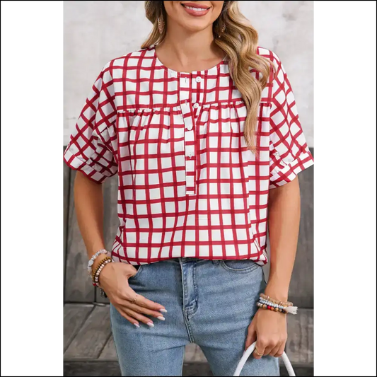 Needful Things: Chic Red Plaid Pleated Blouse - you Slay 💅 - s - Blouses on Sale Worldwide Shipping