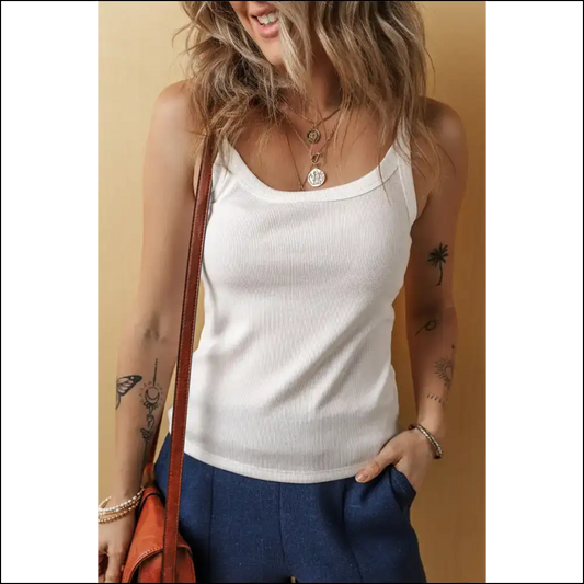 Needful Things: Chic White Ribbed Scoop Neck Tank: Boob Prison Break 🔓 - s - Tank Tops on Sale Worldwide Shipping