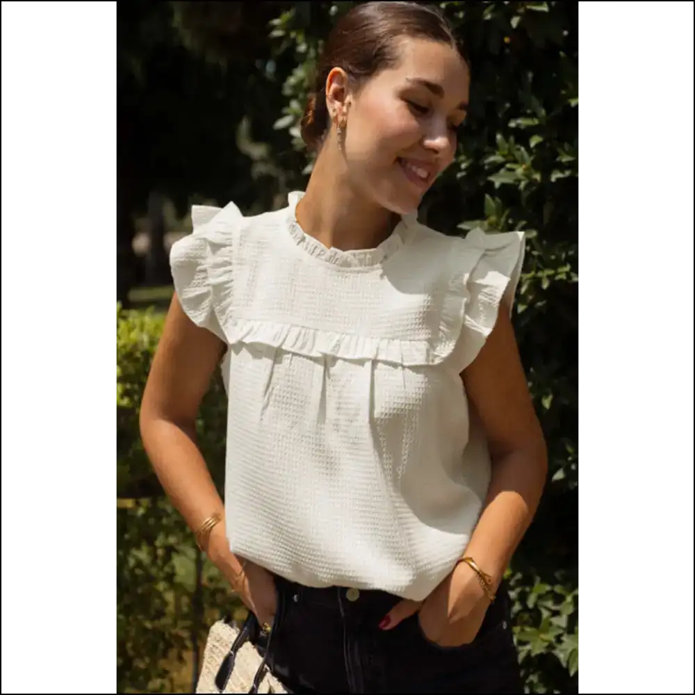 Needful Things Chic White Ruffle Blouse Warning May Cause Compliments - Blouses on Sale Worldwide Shipping