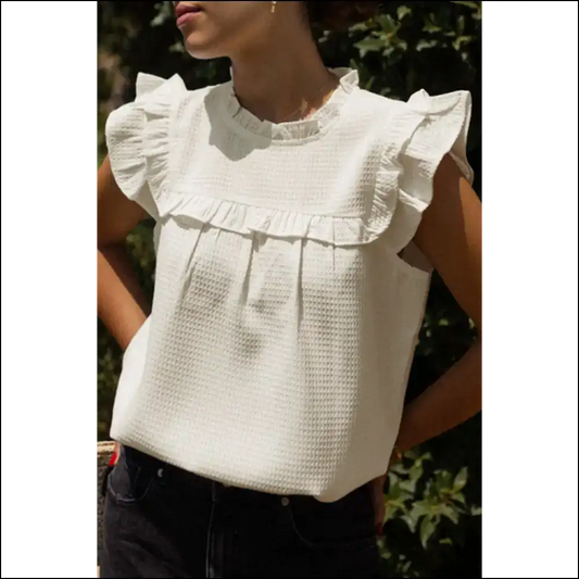 Needful Things Chic White Ruffle Blouse Warning May Cause Compliments - s - Blouses on Sale Worldwide Shipping
