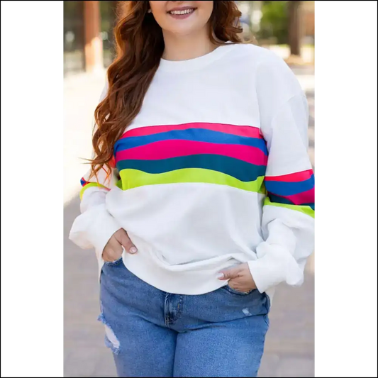 Needful Things: Colorful Stripe Plus Size Sweatshirt - Slay All Day 💅 - White / 1x - Tops on Sale Worldwide Shipping