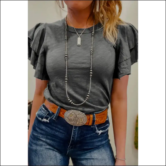 Needful Things Dark Grey Ruffle Sleeve Blouse Wardrobe Savior - s - Blouses on Sale Worldwide Shipping