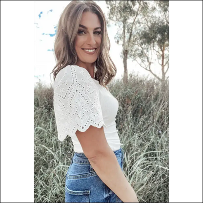 Needful Things Eyelet Puff Sleeve Top Instant Chic White Upgrade - Blouses on Sale Worldwide Shipping