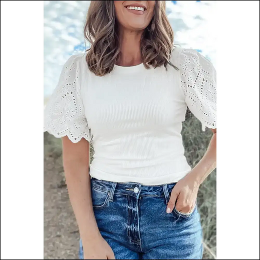 Needful Things Eyelet Puff Sleeve Top Instant Chic White Upgrade - s - Blouses on Sale Worldwide Shipping