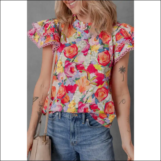 Needful Things: from Blah to Blossom! 🌸 Floral Lace Trim Ruffle - Multicolour / s - Blouses on Sale Worldwide Shipping