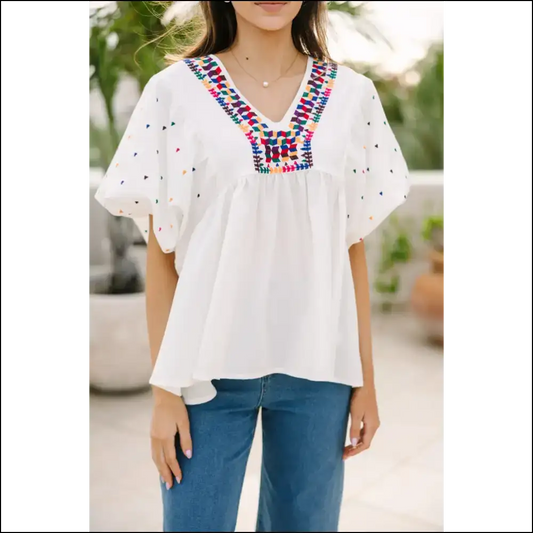 Needful Things: Geometric v Neck Blouse - Fashionista 😜 - White / s - Blouses on Sale Worldwide Shipping