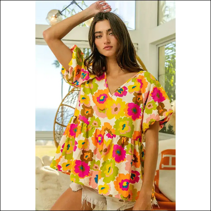 Needful Things: Green Floral Puff Sleeve Peplum - so Fetch! 🌼 you Fabulous! - Blouses on Sale Worldwide Shipping