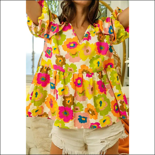 Needful Things: Green Floral Puff Sleeve Peplum - so Fetch! 🌼 you Fabulous! - s - Blouses on Sale Worldwide Shipping