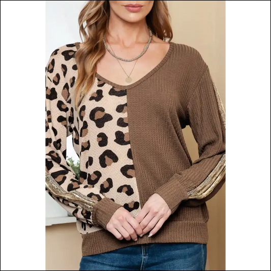 🐆 Needful Things: Leopard Print Color Block Top! 🔥 i Woke Up Feeling Like a Basic Witch. not Today Satan! 😈 - Brown / s - Long Sleeve Tops