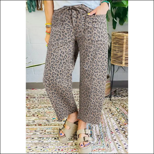 🐆 Needful Things: Leopard Print Wide Leg Pants - so Wild they Roar! - Khaki / 6 - Jeans on Sale Worldwide Shipping