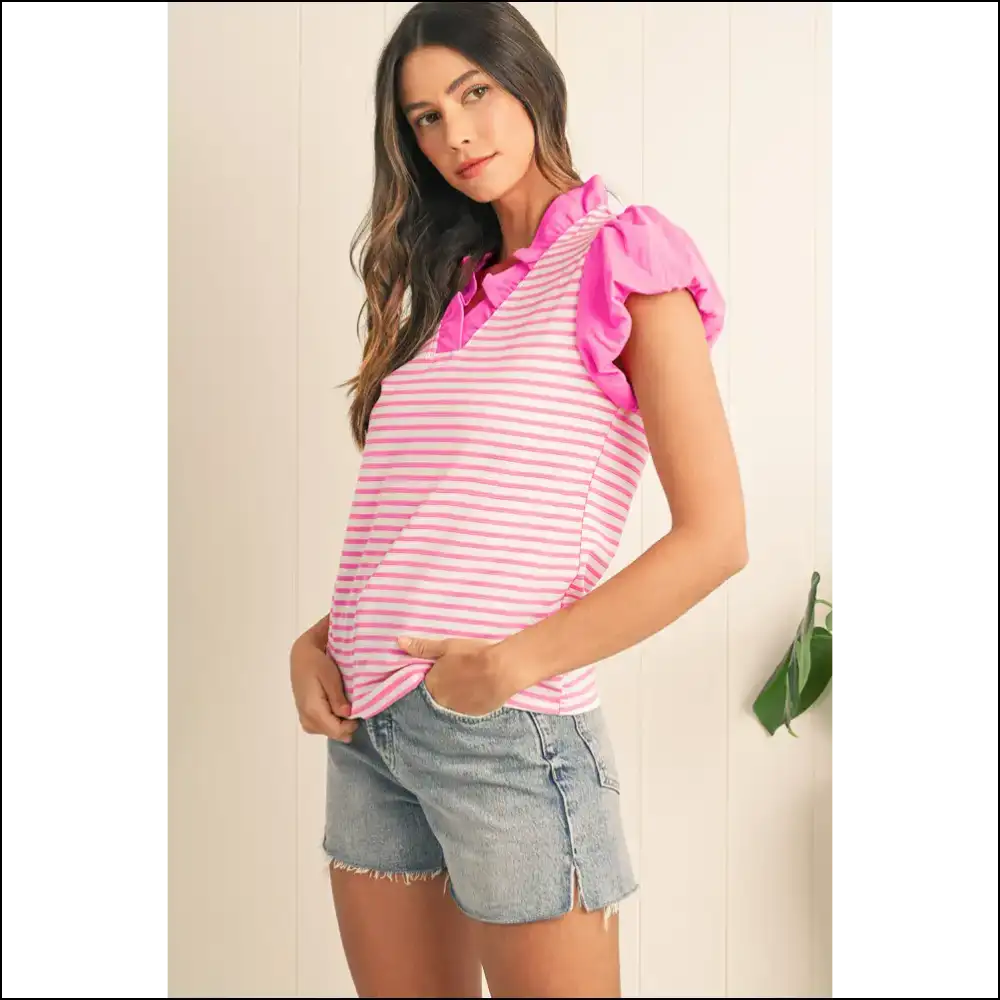 Needful Things Pink Stripe Ruffle v Neck Top Cap Puff Power - Blouses on Sale Worldwide Shipping