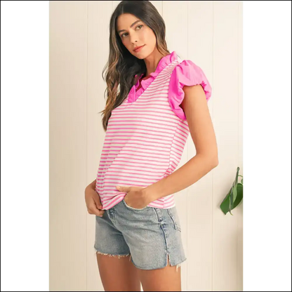 Needful Things Pink Stripe Ruffle v Neck Top Cap Puff Power - Blouses on Sale Worldwide Shipping