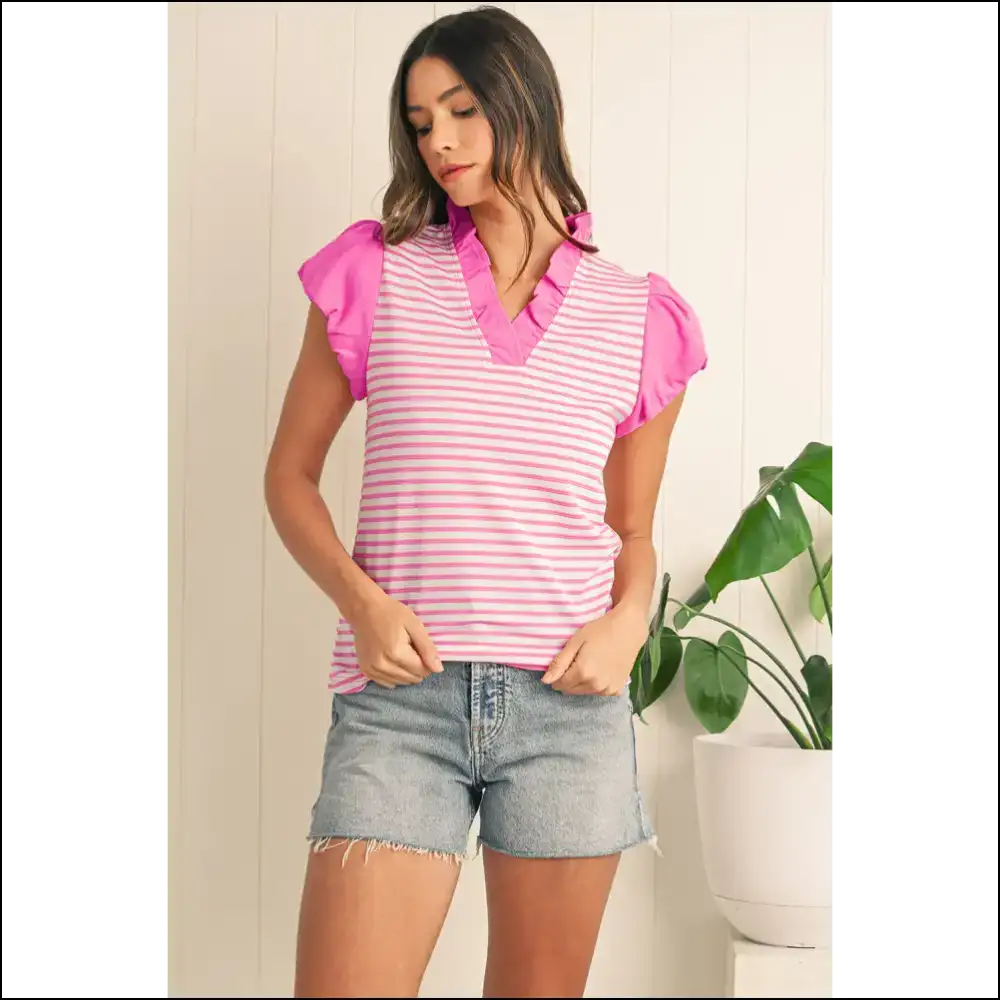 Needful Things Pink Stripe Ruffle v Neck Top Cap Puff Power - Blouses on Sale Worldwide Shipping