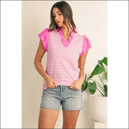 Needful Things Pink Stripe Ruffle v Neck Top Cap Puff Power - Blouses on Sale Worldwide Shipping