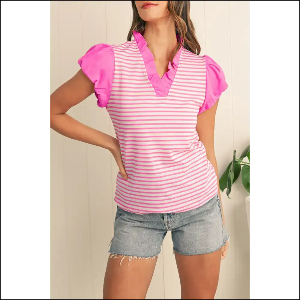 Needful Things Pink Stripe Ruffle v Neck Top Cap Puff Power - s - Blouses on Sale Worldwide Shipping