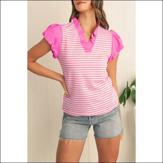Needful Things Pink Stripe Ruffle v Neck Top Cap Puff Power - s - Blouses on Sale Worldwide Shipping