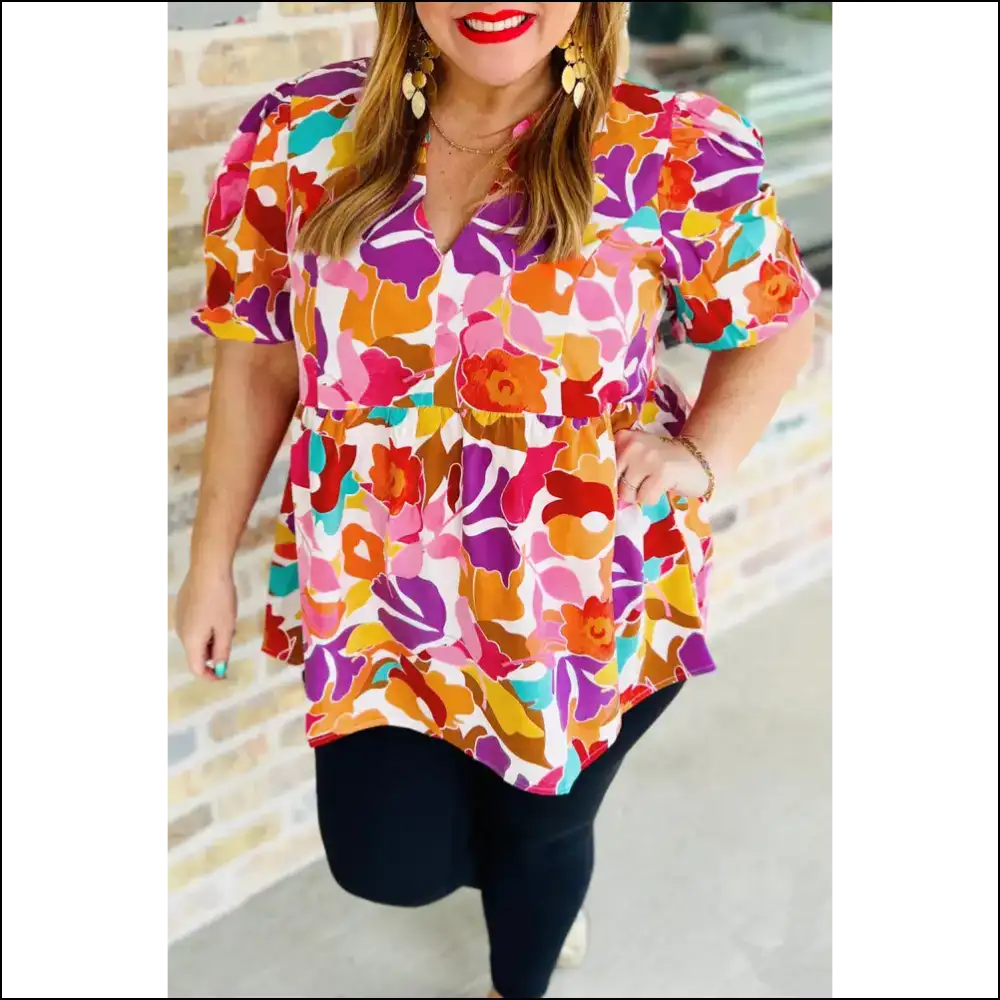 Needful Things: Plus Size Floral Neck Fit Bloom Boom 🌸 - Pink / 1x - Tops on Sale Worldwide Shipping