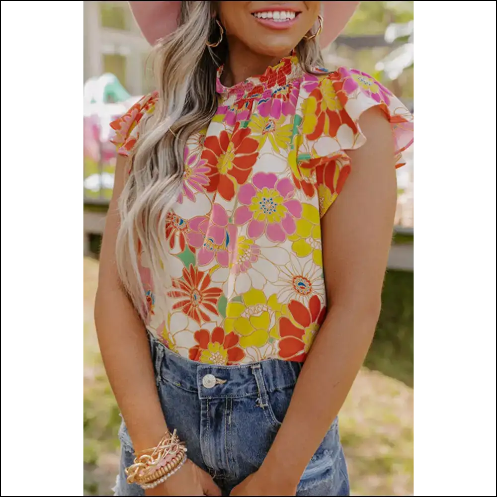 Needful Things: Polyester Paradise – Multicolor Flutter Sleeve Floral! 🌺💀 - s - Blouses on Sale Worldwide Shipping